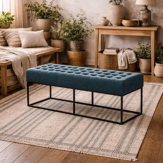Wyld Haus Cavan Upholstered Diamond Bench in Dark Blue, W/D/H: 100 x 41.5 x 46.5 cm