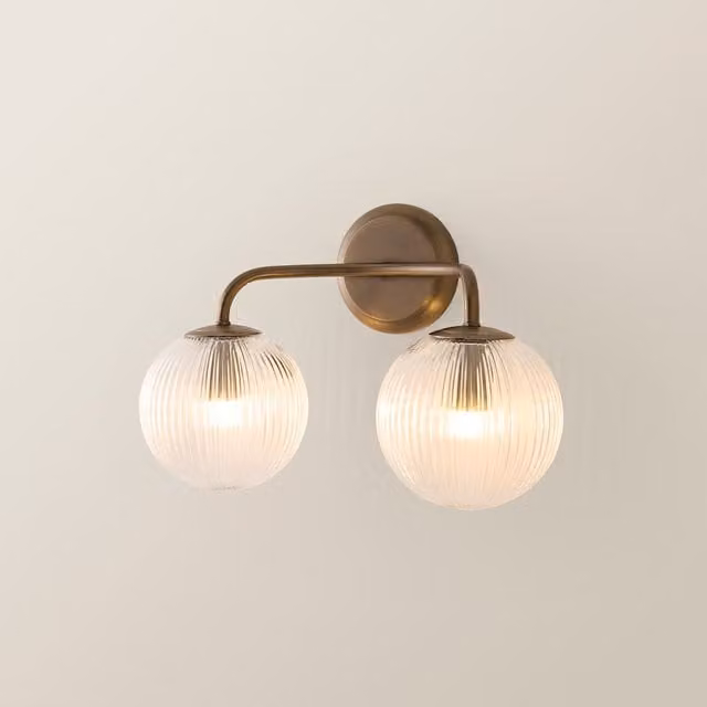 ValueLights Kempton 2 Arm Wall Light with Ribbed Glass Sphere Shade in Gold/Brass – 1