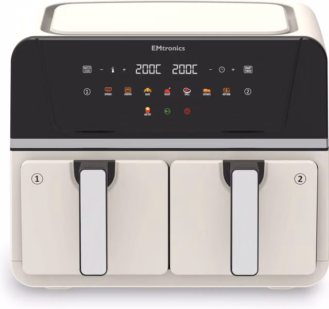 EMtronics 9 Litre Dual Zone Double Basket Air Fryer in Beige