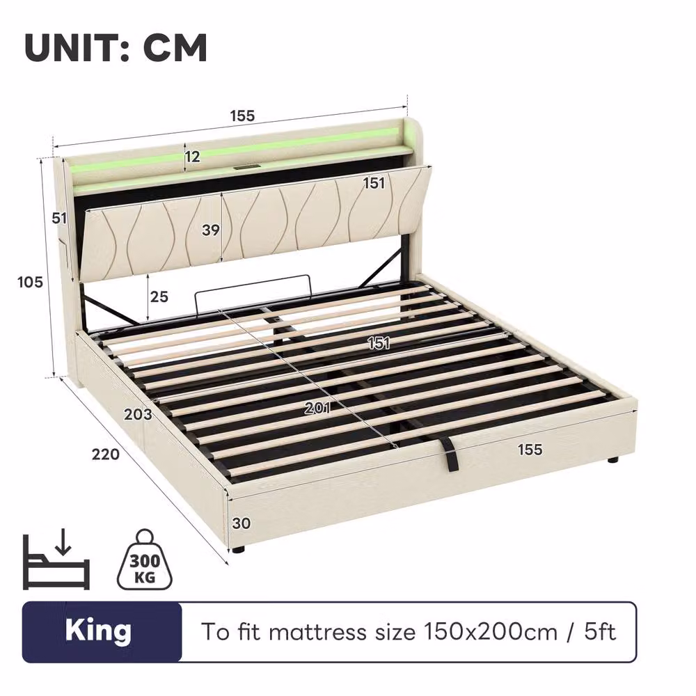 Matteo King Beige Upholstered Bed Frame with Hydraulic Storage, Smart LED Lighting and USB Charging Port, W/D/H: 180 x 200 cm – 6