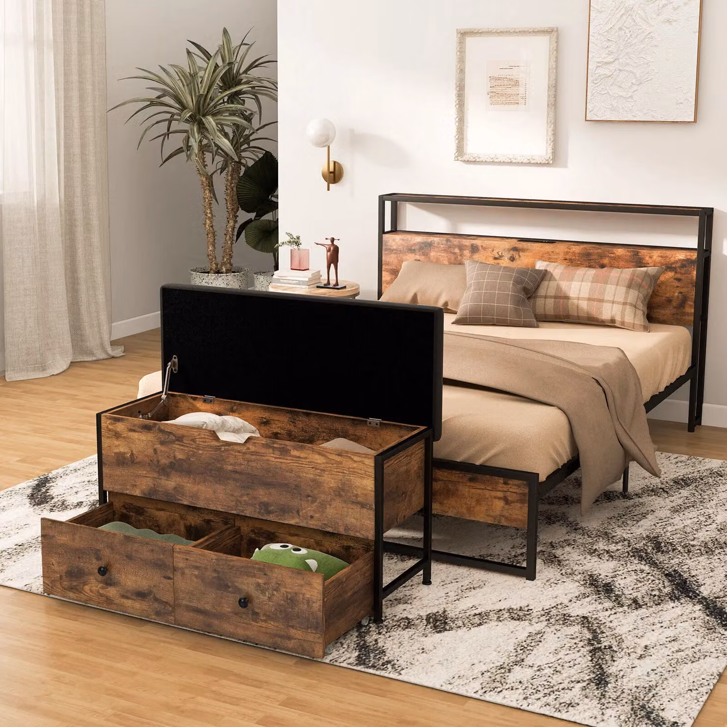 Costway Brown Wooden Storage Ottoman Bench with Flip Top Chest and 2 Drawers – 4