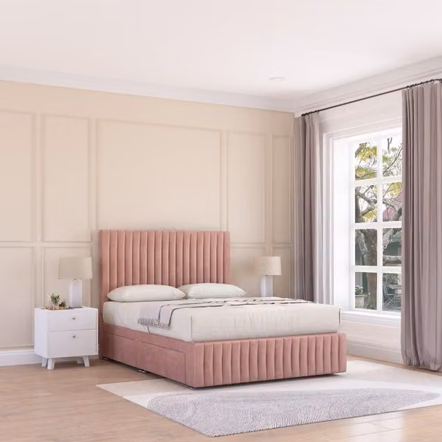 Sloomy Madison Plush Velvet Bed Set with 4 Drawers, Mattress and Headboard in Pink, Size: 140 x 200 cm