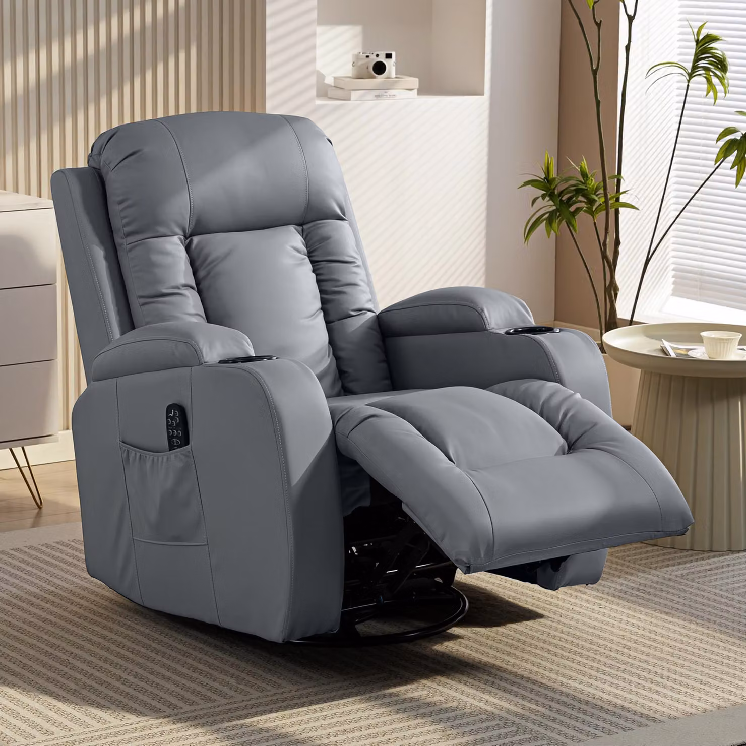 HOMCOM Grey PU Leather Massage Recliner Armchair with Swivel and Manual Lever Function – 8