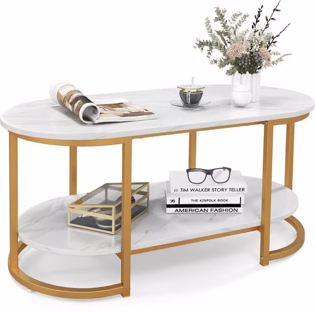 Costway Modern Oval Marble Coffee Table with Gold Sled Base and White Glossy Finish