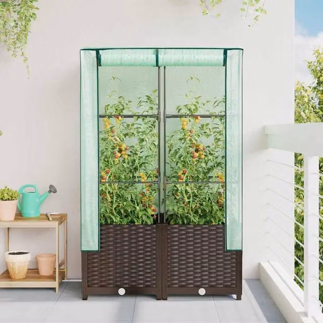 Berkfield Home Raised Bed with Greenhouse Cover in Brown Rattan Look, W/D/H: 80 x 40 x 138 cm – 1