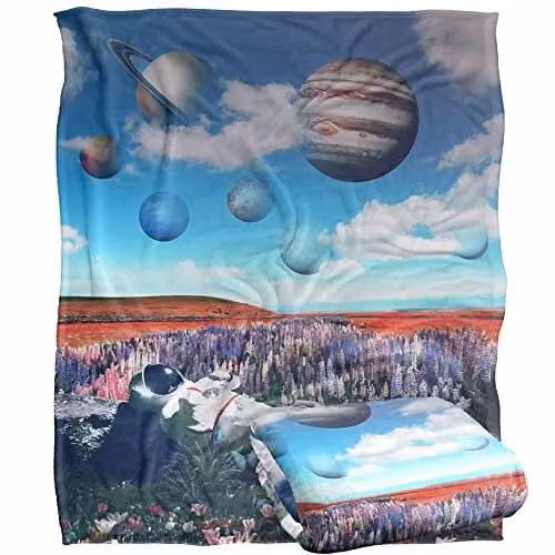 Bcreative Reinders Astronaut Solar System Meadow Super Soft Fleece Throw Blanket, White and Multicolour, W/D/H: 152 x 127 cm
