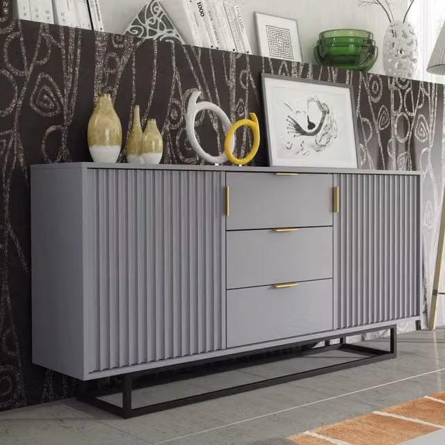 Creative Furniture Tide Crest Modern Sideboard in Grey with Gold and Black Details, W: 140 cm, H: 80 cm, D: 35 cm
