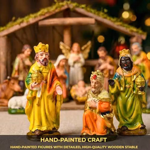 Shatchi Large Handmade Nativity Scene with Wooden Stable and 12-Piece Figurine Set in Brown and Multicolour – 4