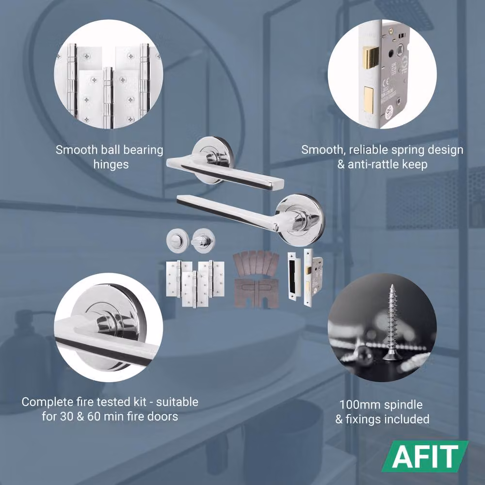 AFIT Polished Chrome Fire Door Handle and Bathroom Latch Lock Set in Silver – 2