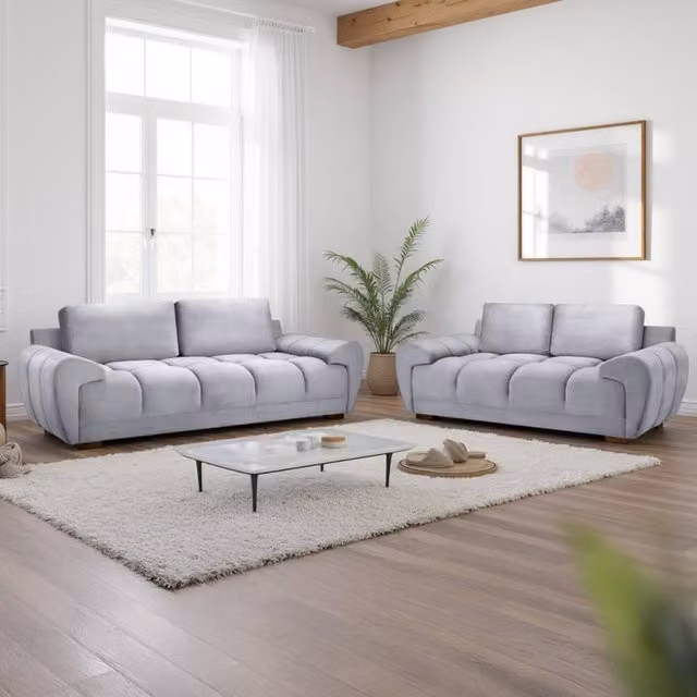 Furnishings For Less UK Zura Grey Fabric 3 and 2 Seater Sofa Suite with Pillow Back and Wooden Legs