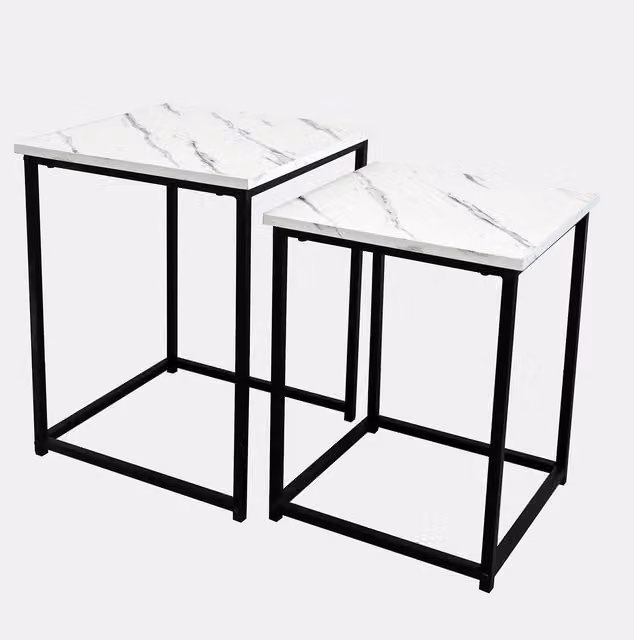 OHS 2 Piece Set of Square White Glossy Wooden Side Tables with Nested Tops