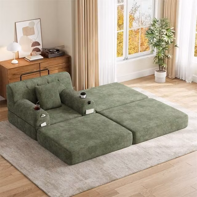 Direct Wicker Green Cord Convertible Sleeper Chair with Ottoman, Cup Holders and Side Pocket