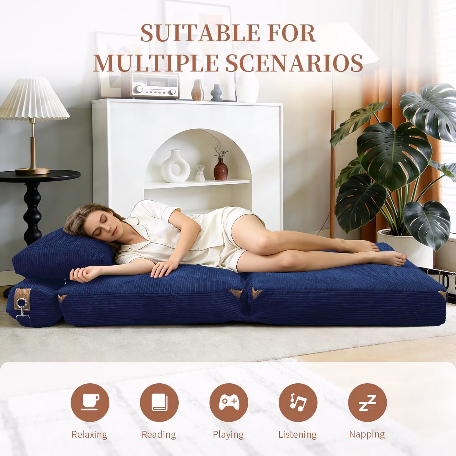 Aosom UK 3-in-1 Convertible Corduroy Floor Sofa Bed with Side Pockets, Blue, W/D/H: 87 x 86 x 40 cm – 5