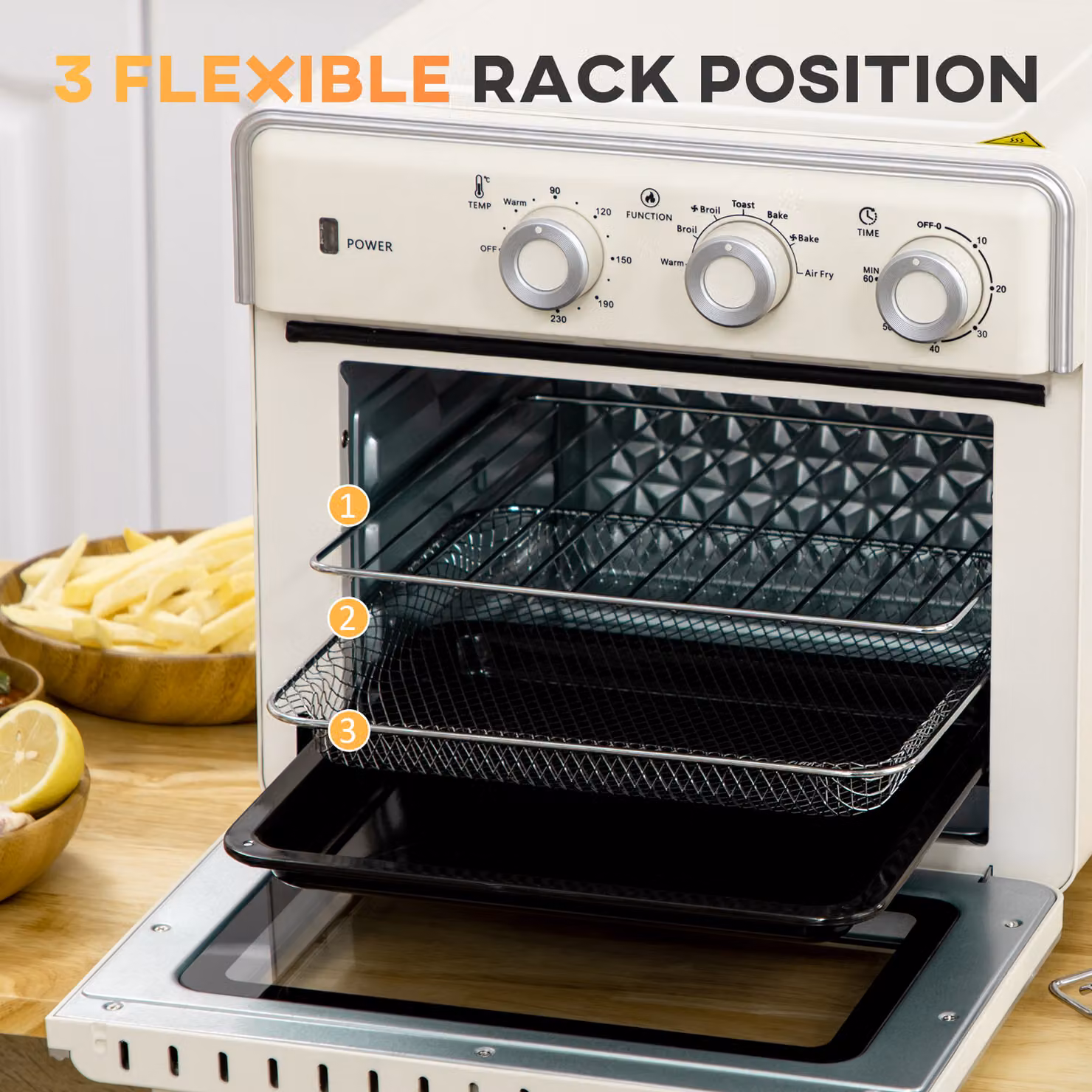 HOMCOM 20L 7-in-1 Convection Toaster Oven with Air Fry, Bake, Toast, Broil and Keep Warm Functions in Beige – 4
