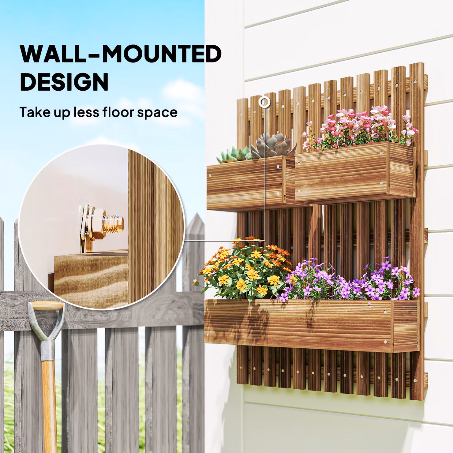 Outsunny Wall-mounted Wooden Garden Planters with Trellis and 3 Planter Boxes, Brown – 3
