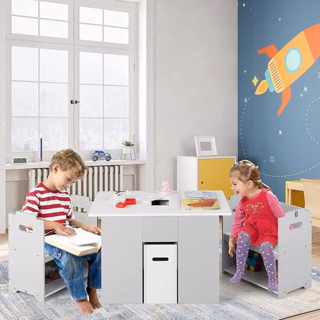COSTWAY Toddler Activity Table and Chair Set in Grey and White