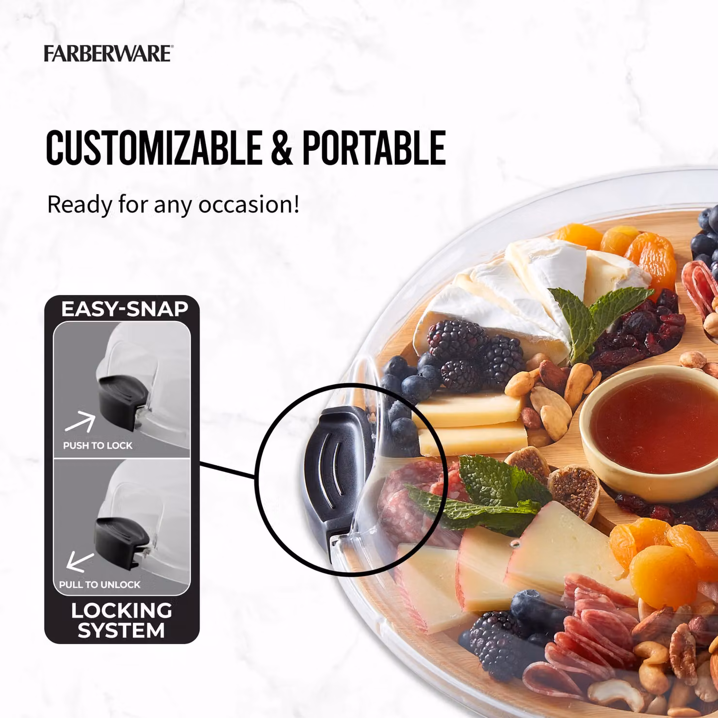 Farberware Multi-Purpose Round Bamboo Snack Board with 5 Dividers and Lid in Brown, Diameter: 35.5 cm – 9
