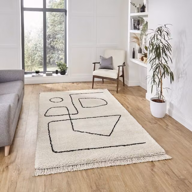 Terrys Boho Abstract Berber Rectangular Rug, White and Black, W/D/H: 120 x 170 cm