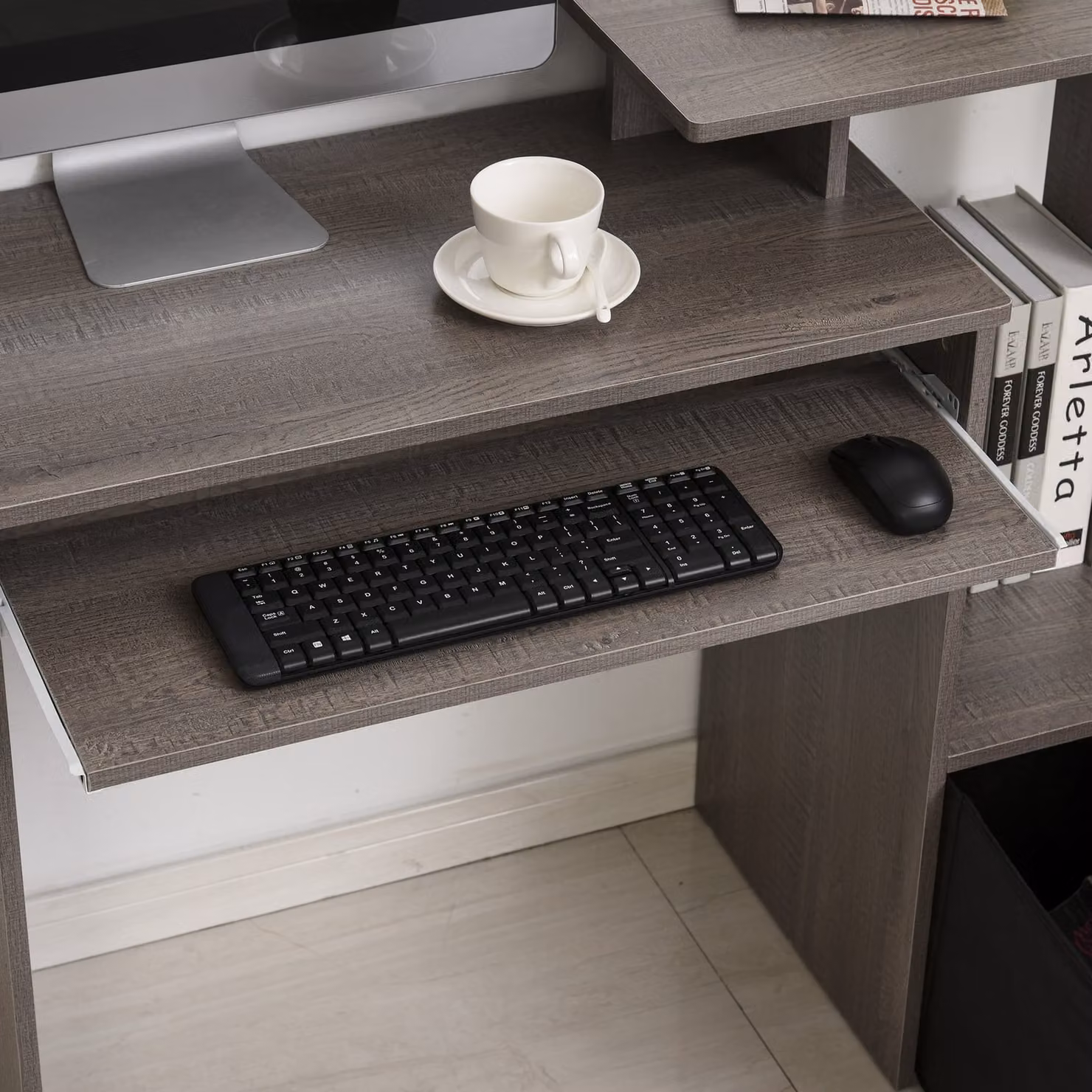 HOMCOM Grey Computer Desk with Sliding Keyboard Tray, Storage Drawer and Shelf for Home Office – 7