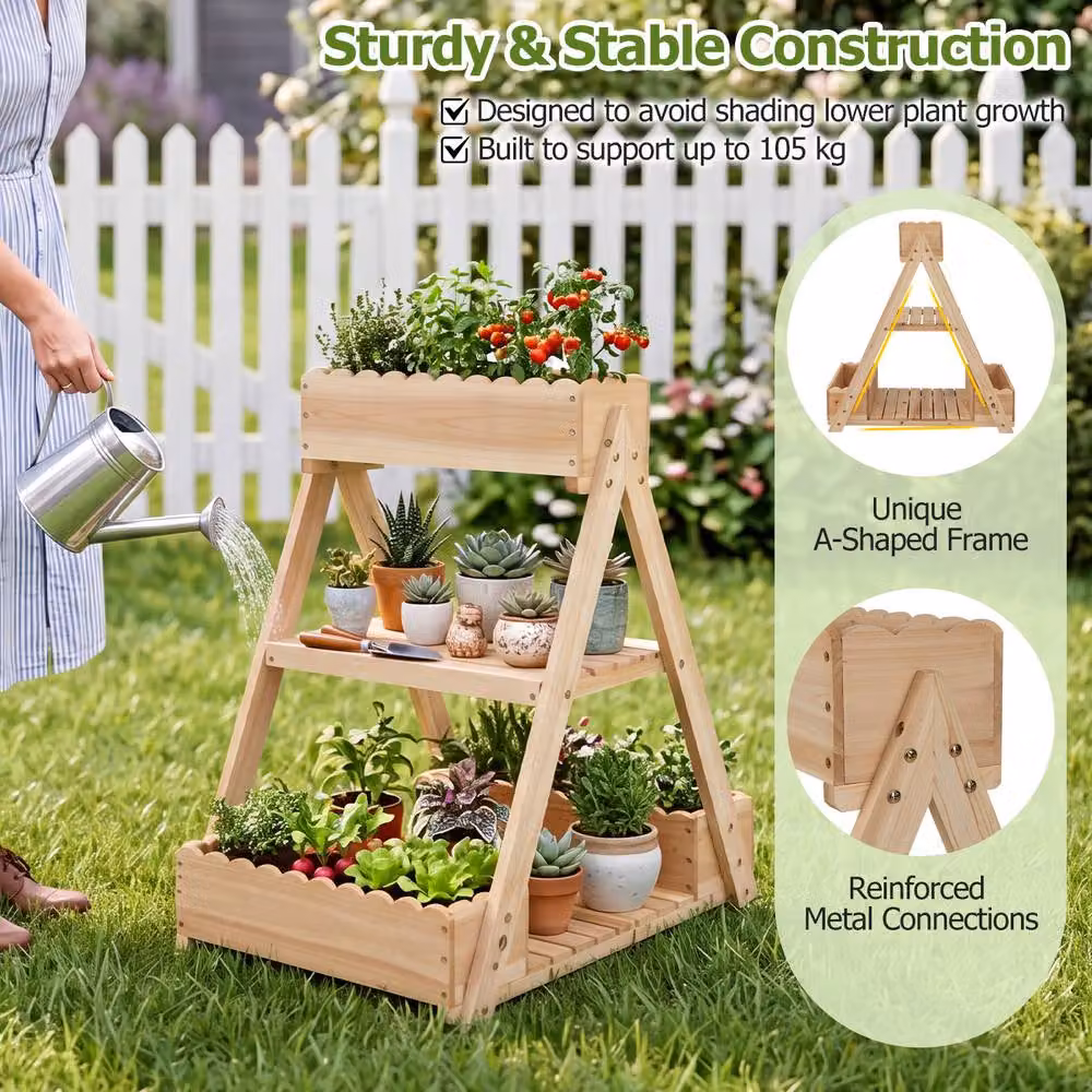 Costway 3-Tier Wooden Raised Garden Bed with 3 Planter Boxes in Natural Brown – 3