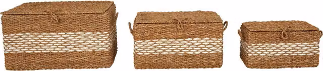 Orsina Lidi Set of Three Open Weave Seagrass Baskets with Lids and Handles in Beige – 1