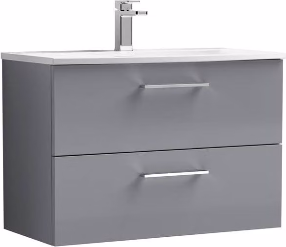 Balterley Grey Glossy Wall Hung Bathroom Vanity Unit with 2 Soft Close Drawers and Basin, Width: 80 cm