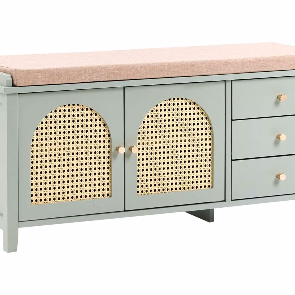 Wyld and Coco Green Boho Shoe Bench with 3 Drawers and Padded Fabric Seat – 2
