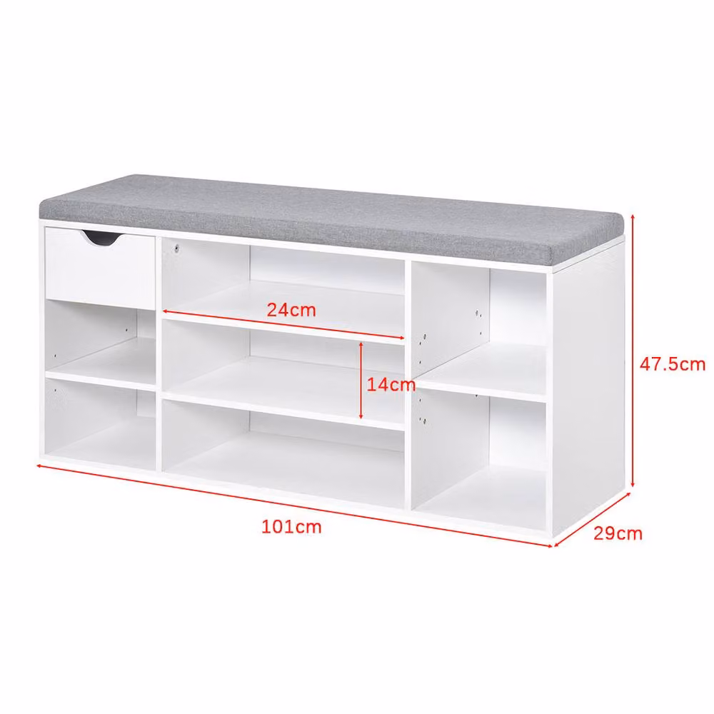 ERGOVEXA White Shoe Storage Bench with Fabric Cushion and Drawer – 2