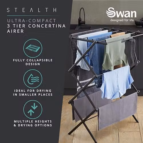 Swan Stealth Ultra-Compact 3 Tier Concertina Airer in Black with 10m Drying Space and Foldable Design – 2