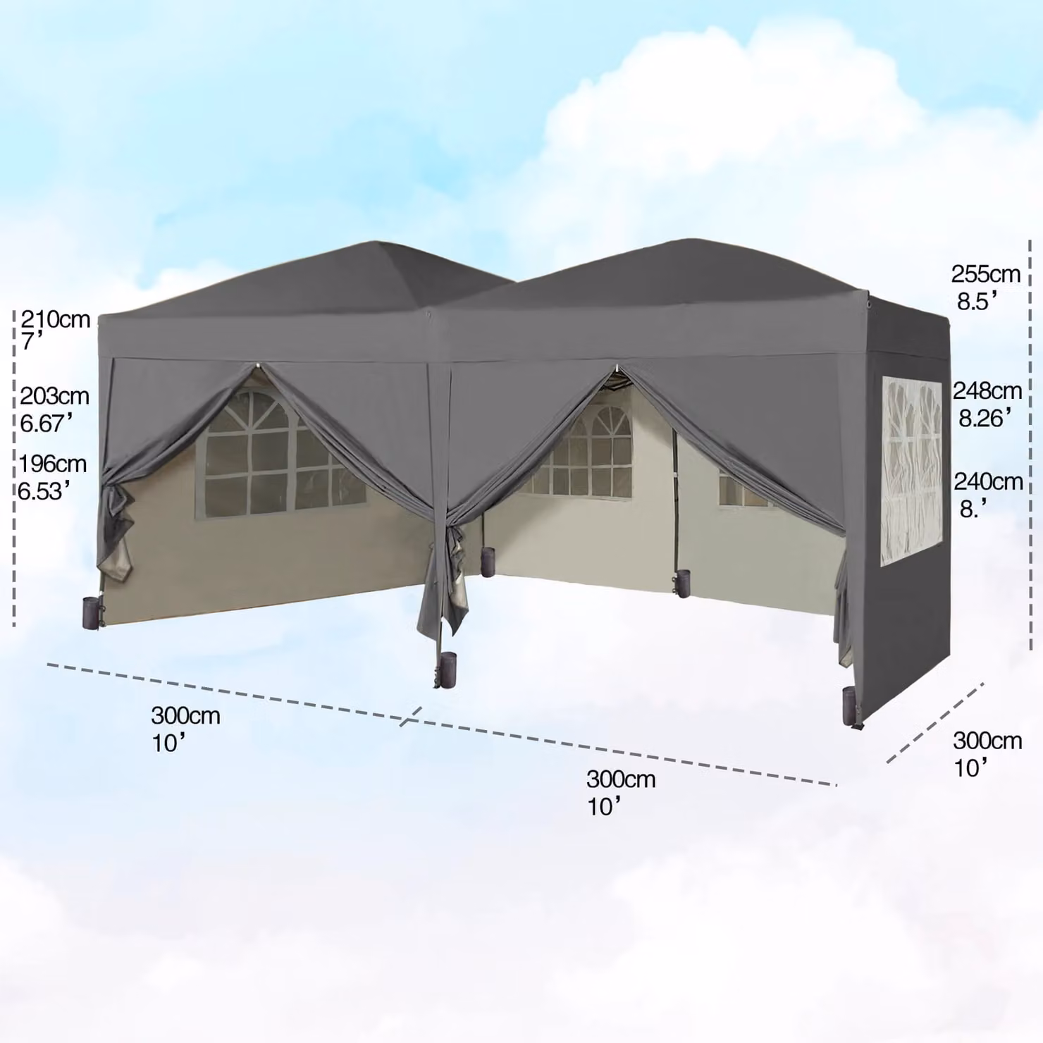 MCC Direct Grey Pop Up Gazebo with Removable Sides and Storage Bag, W: 300 cm, D: 300 cm, H: 300 cm – 5