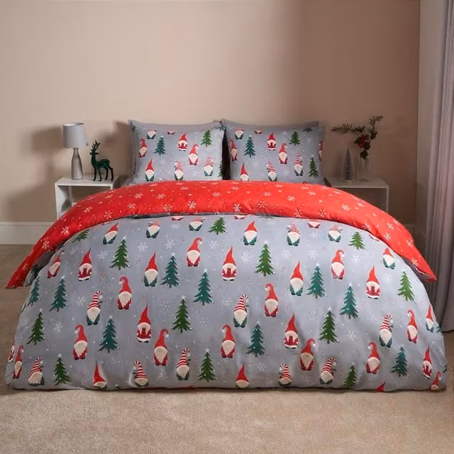 OHS Christmas Gonk Reversible Duvet Cover Set, Grey and Red, W: 90 cm x L: 200 cm
