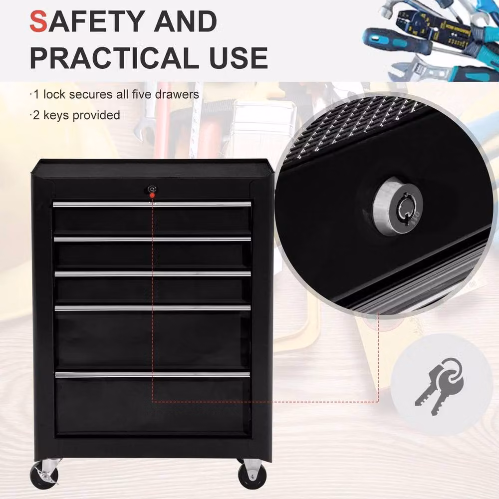NESTLUNE 5-Drawer Lockable Steel Tool Storage Cabinet with Wheels, Black, W/D/H: 100 x 82.5 x 33 cm – 5
