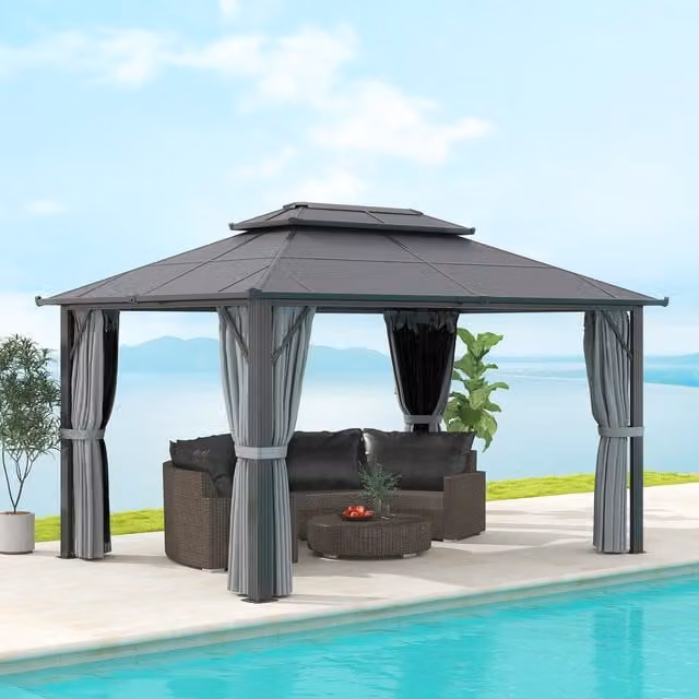 Outsunny Grey Polycarbonate Hardtop Gazebo with Aluminium Frame, W/D: 300 x 300 cm