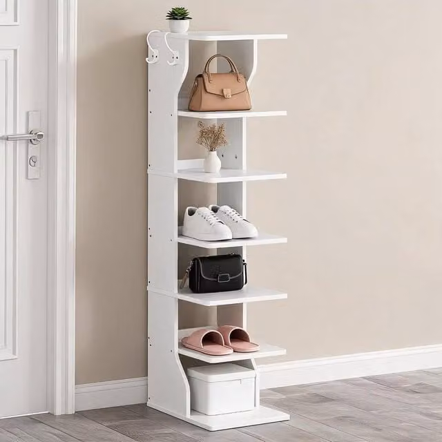 London Boutique Narrow White Wooden Shoe Rack with Hooks and Back Panel, W/D/H: 26.5 x 10.0 x 110.0 cm