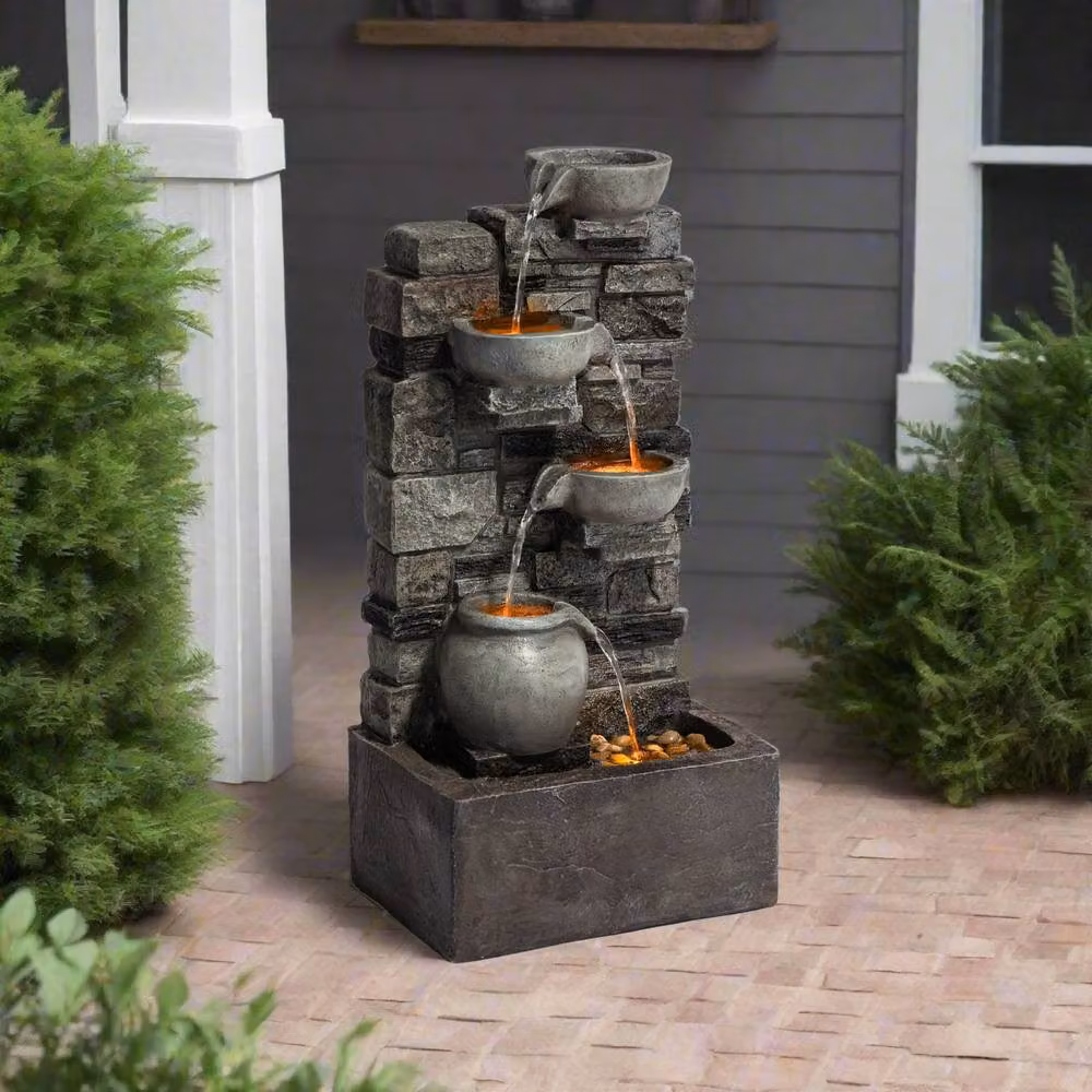 Teamson Home Grey 4-Tier Stacked Stone Cascading Outdoor Water Fountain with LED Lights, Height: 72.3 cm – 3