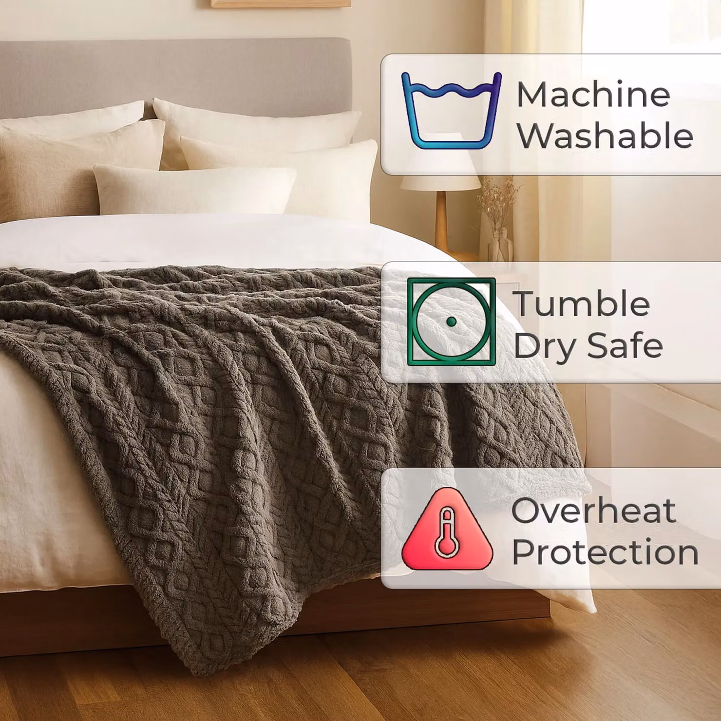 Neo Reversible Electric Heated Throw Blanket with Cable Knit Effect in Grey, W: 130 cm, D: 160 cm – 4