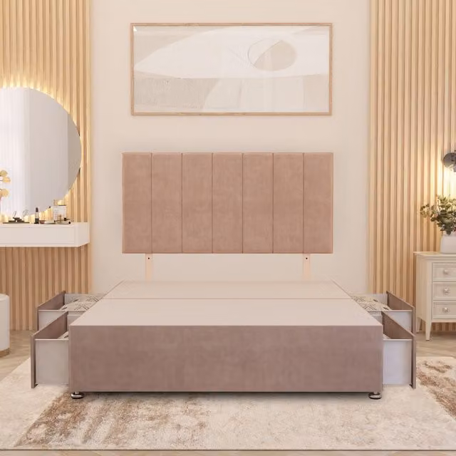 Somnior Beds Ltd Austin Divan Bed Base with Drawers and Headboard in Pink Plush Velvet, W/D/H: 140 x 200 x 34.5 cm