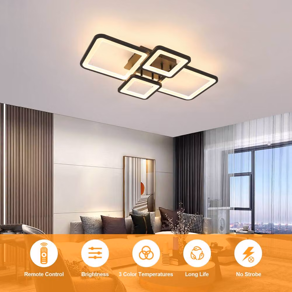 Pheashine Modern Black Multi-Square LED Ceiling Lamp, 54W Dimmable with Remote Control – 4