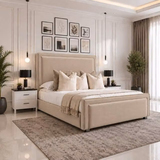 Velmora Upholstered Divan Ottoman Storage Bed with Headboard in Beige, W/D: 140 x 200 cm – 1