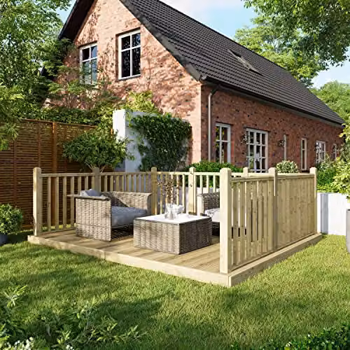 Powersheds Premium Wooden Decking Kit with Hand Rails on Three Sides, Brown