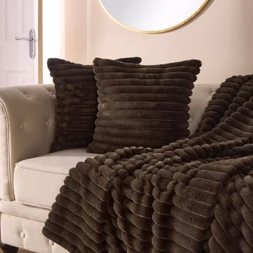 OHS Set of 2 Thick Ribbed Faux Fur Decorative Square Throw Pillow Covers, Brown, W/D/H: 45 x 45 x 45 cm – 4
