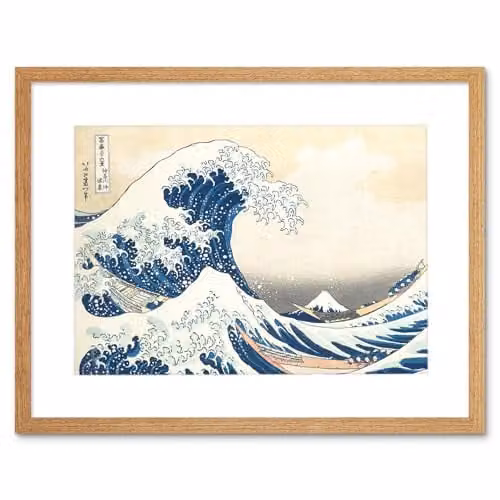 Wee Blue Coo Hokusai Great Wave off Kanagawa Framed Wall Art Print in Blue and Light Oak