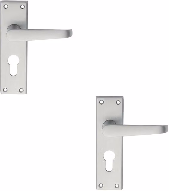 Loops 2x Pair Straight Victorian Handle on Euro Lock Backplate in Satin Chrome, W: 150 mm, H: 43 mm