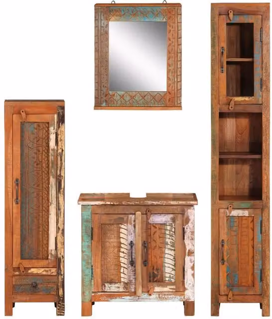Berkfield Home 4 Piece Rustic Multicolour Bathroom Furniture Set in Solid Reclaimed Wood