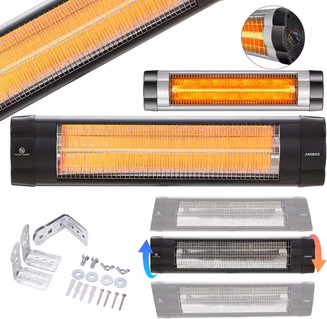 AREBOS Infrared Quartz Radiant Patio Heater, Black Metal Wall Mounted