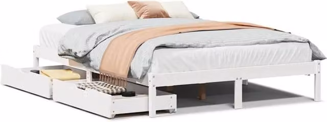 Berkfield Home White Solid Wood Pine Bed Frame with Drawers W/D/H: 160 x 200 cm