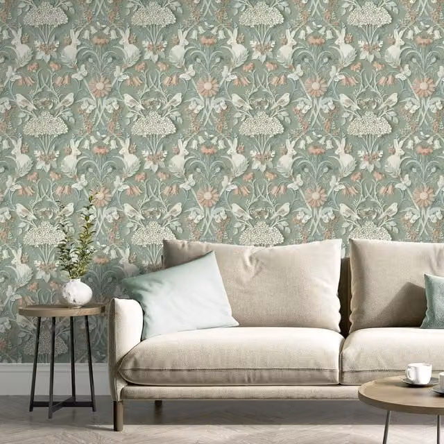 Fine Decor Floral Woodland Wallpaper with Birds and Rabbits in Mint Green