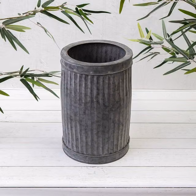 Annibells Grey Galvanised Metal Round Ribbed Ornamental Planter Tub