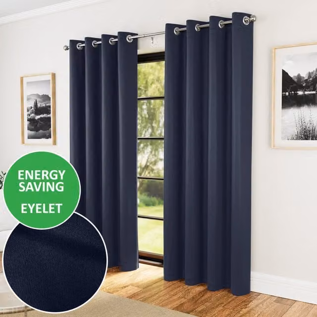 Enhanced Living Pair of Supersoft Plain Thermal Blackout Eyelet Curtains, Blue, Width: 137 cm, Height: 117 cm