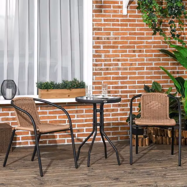 Outsunny 3 Piece Rattan Bistro Set with Round Glass Table and 2 Chairs, Brown – 6